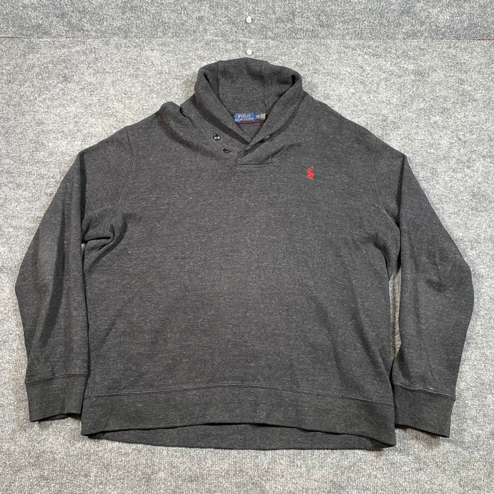 Polo Ralph Lauren Mens XXL Charcoal Gray Shawl Collar Button Pullover Sweatshirt